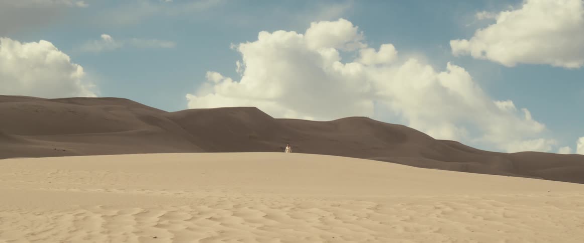 A person is walking in the desert alone