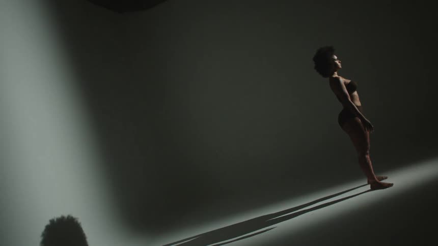 A model posing in a bra and underwear in a white room with shadows