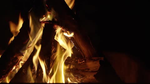 Close view of a blazing, nighttime campfire