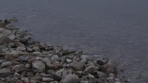 A rocky shoreline and clear, still water