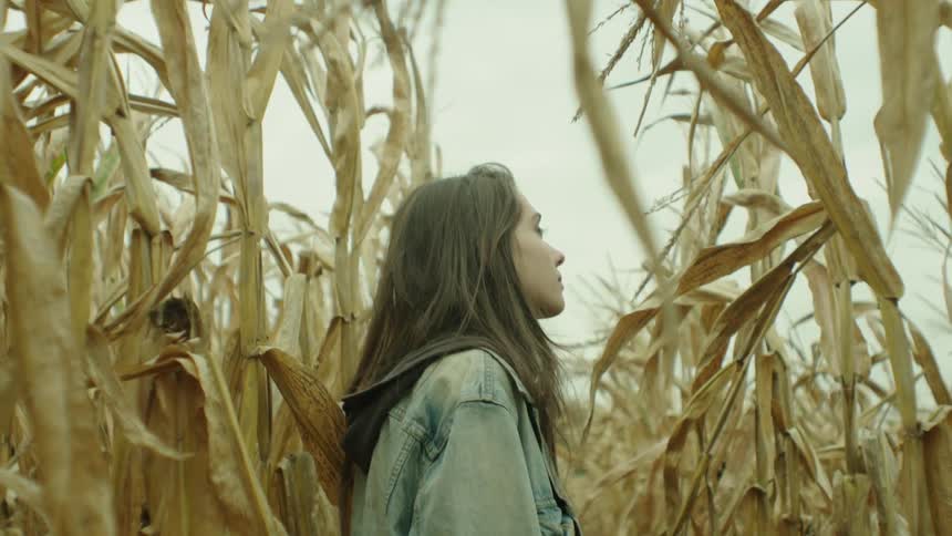 A woman is looking around in a crop field on a cloudy day