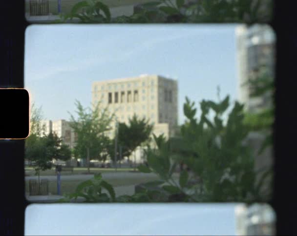 Trees bushes and walking paths in a park with buildings behind
