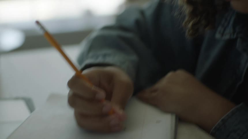 A teenager sits at a desk and does school work