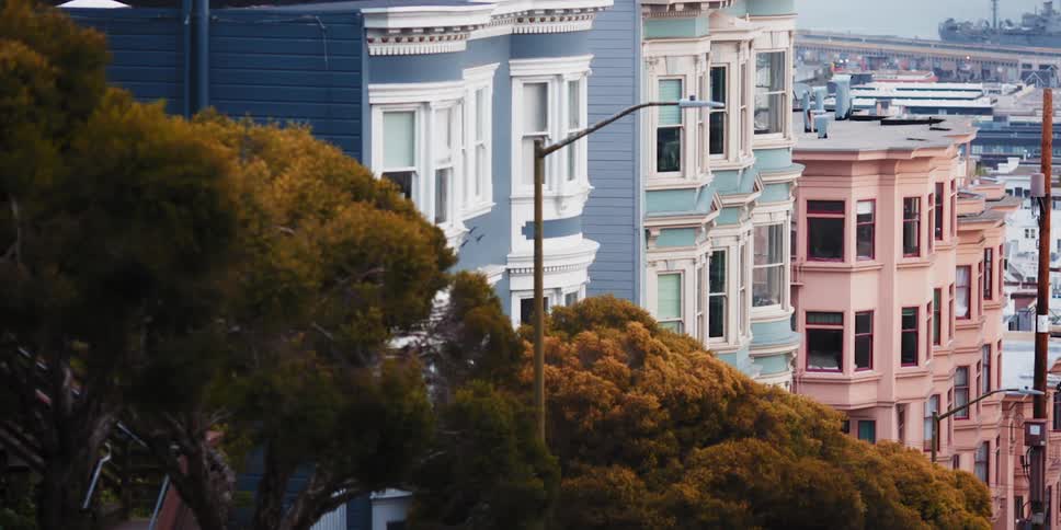 Trees in front of colorful rows of buildings on a slope in the waterfront city