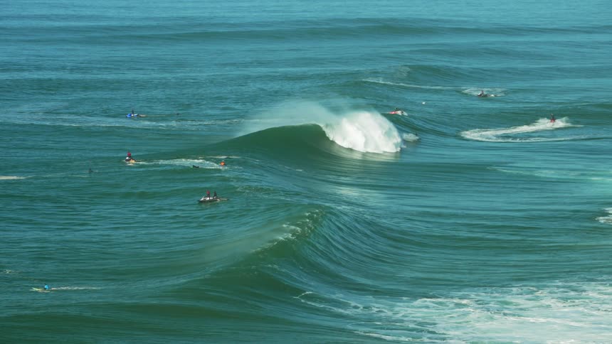Many people are in the water surfing and riding the big blue waves
