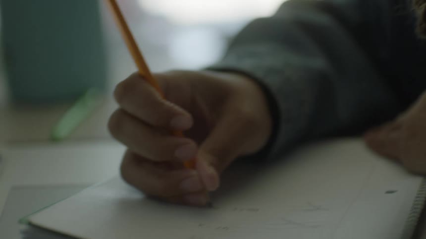 A woman writes in her notebook by the laptop