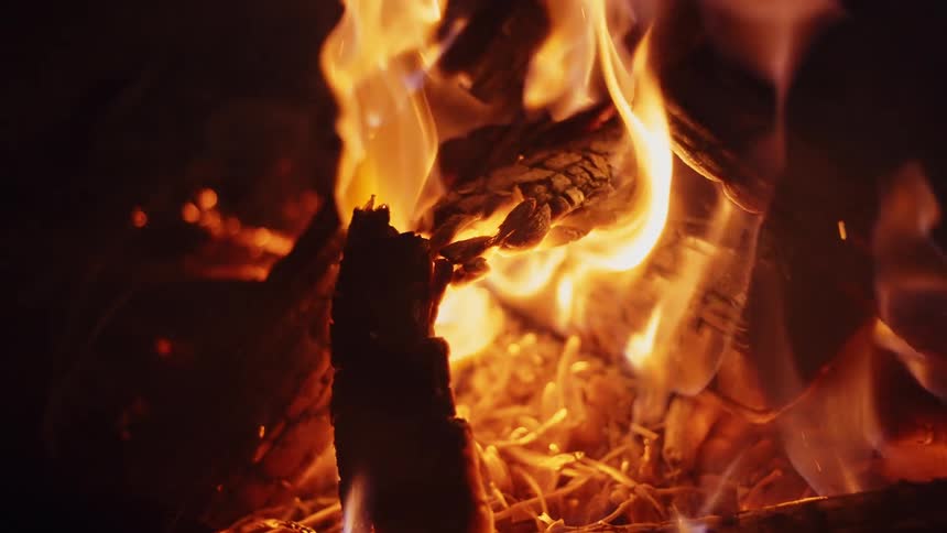 Flames burning charred wood in the darkness