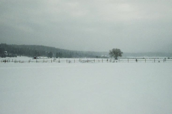 It is snowing on the large field