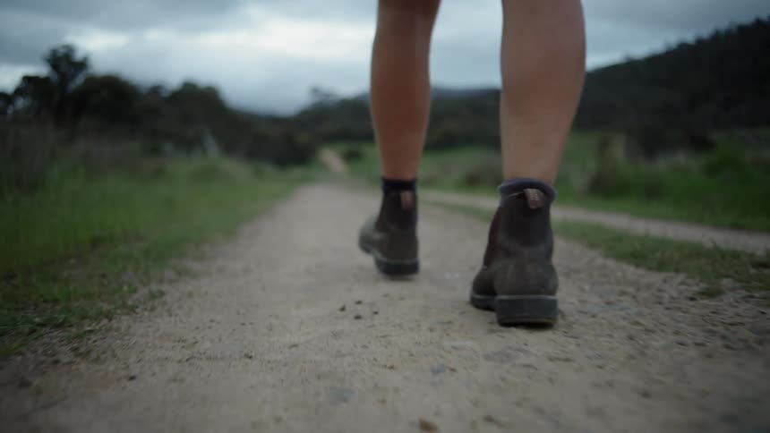 Person walks along dirt trail paralleling forest covered slopes