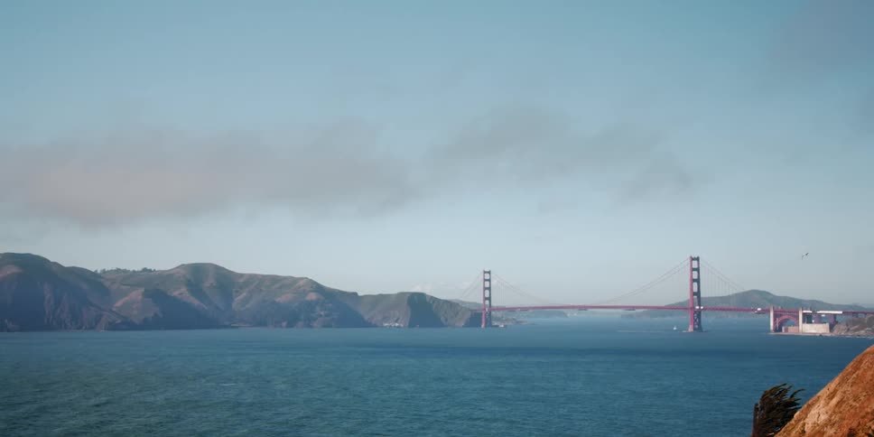 A bird flies over the ocean with a bridge in the background