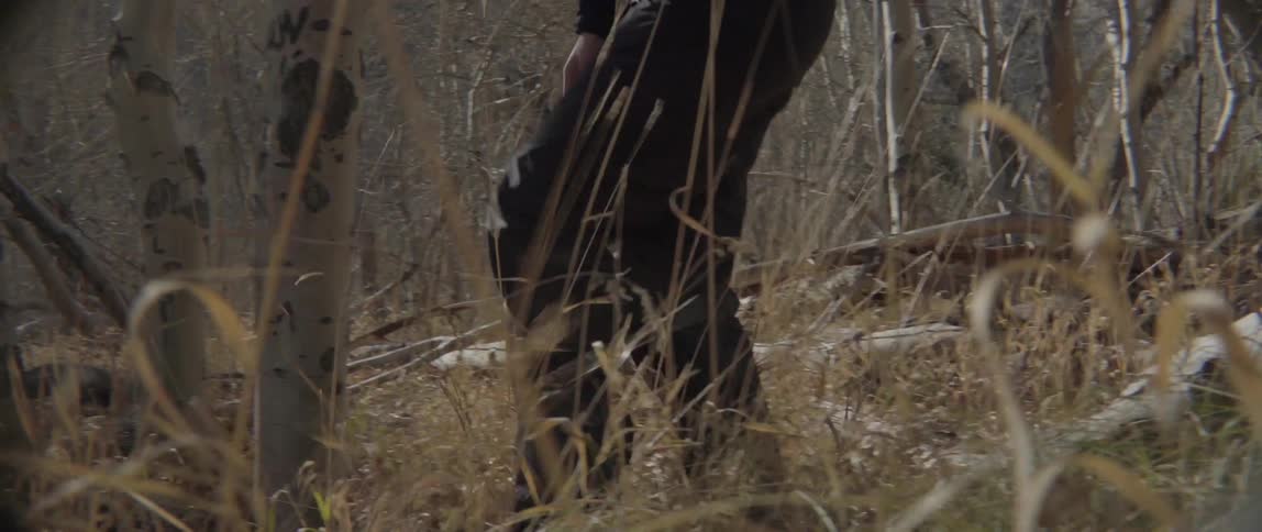 A woman walks over some logs in the woods before crouching with a camera