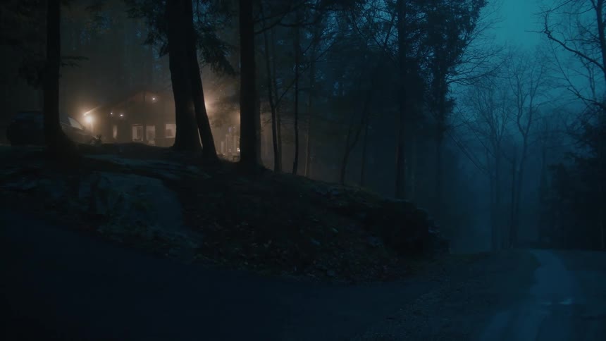 Cabin on the forest near to a rural road in the mist at evening