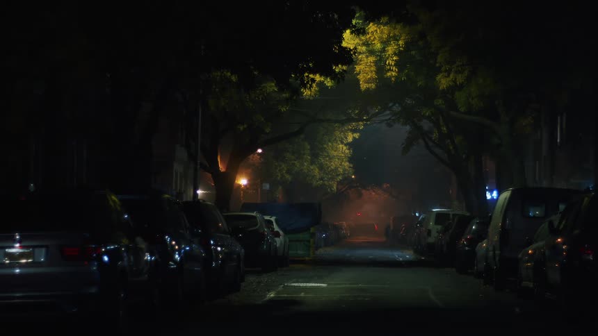 People walk across a quiet neighborhood street with trees and cars parked on each side