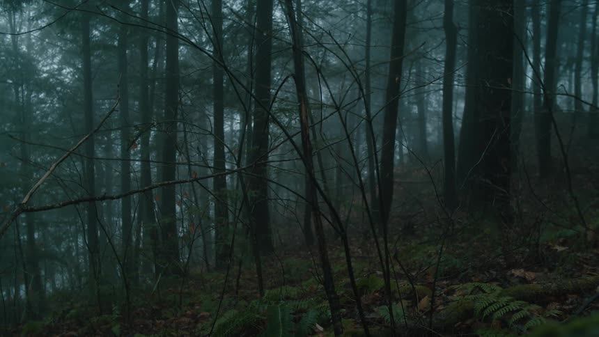 Foggy forest sits on slight slope