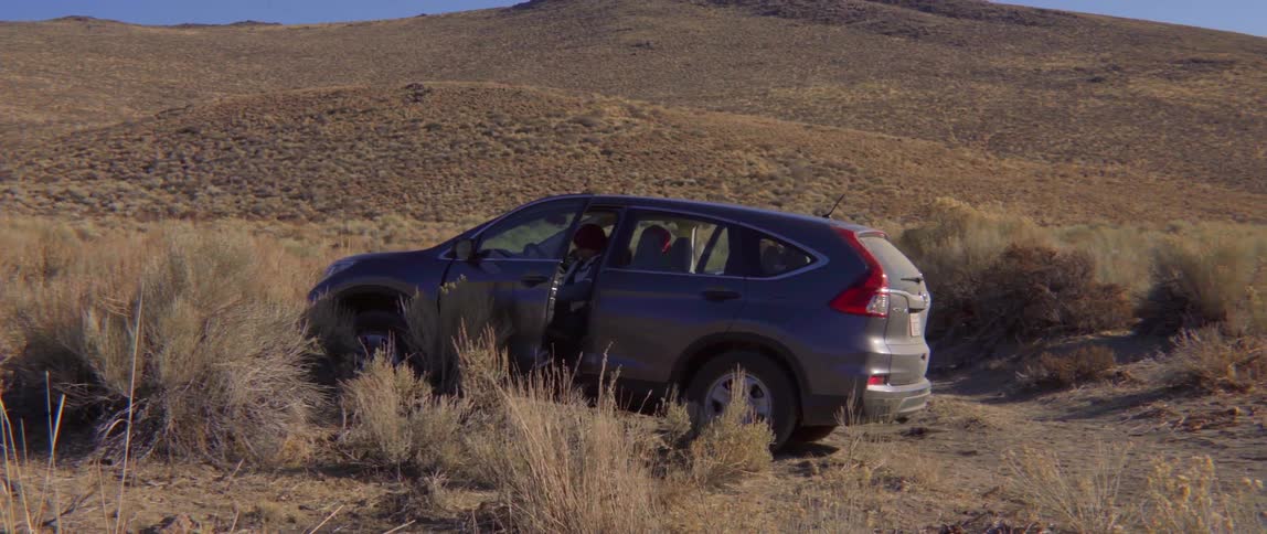 Person getting into parked car beside hill with calm outdoor travel vibe.