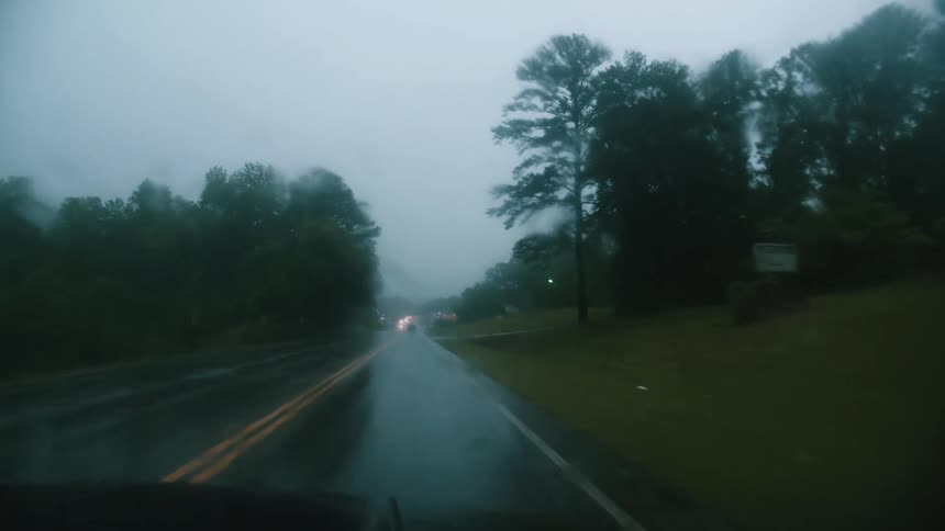 A vehicle speeds down a two lane road though a neighborhood in the rain