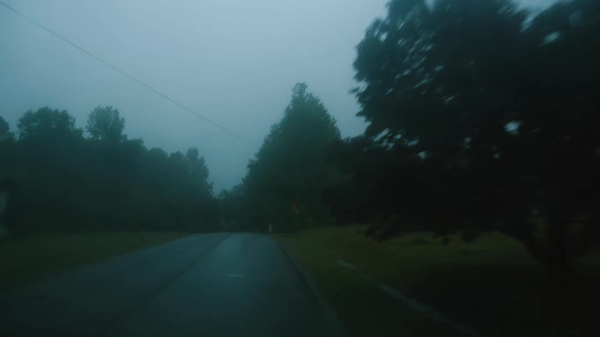 Windshield wipers clear rain as we travel on a tree lined rural road