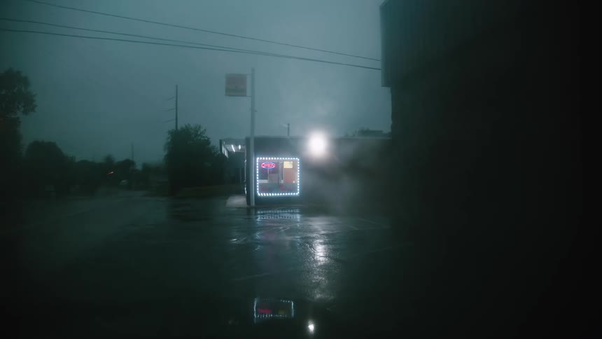 Rain falling around a small business in a town at night