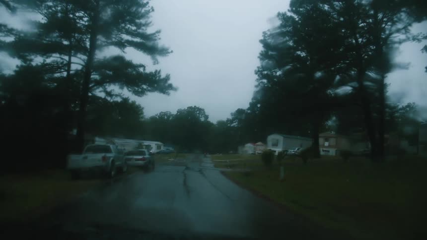 View through the windshield traveling past houses on a neighborhood road in the rain
