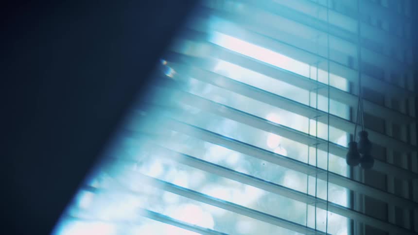 Looking out a window with shades on it in the day
