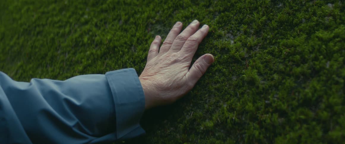 A senior citizen has her hand on green moss