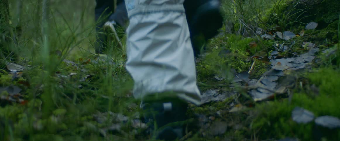 Footage of the feet of a group of people walking through a forest at daytime