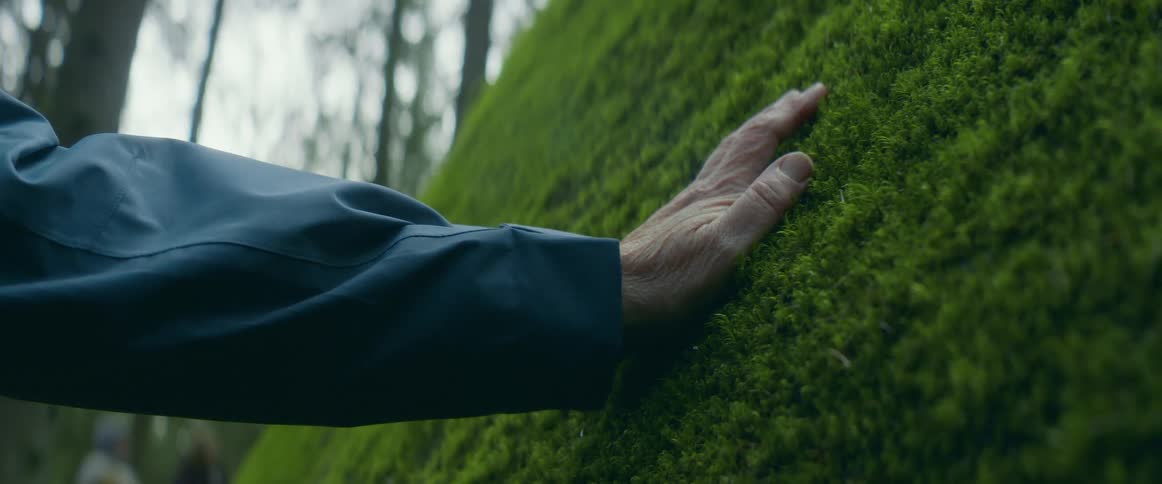 Elderly woman extends her arm to touch the moss over the surface of a big rock in the forest