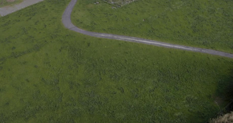 Aerial view moving over a green field with one road