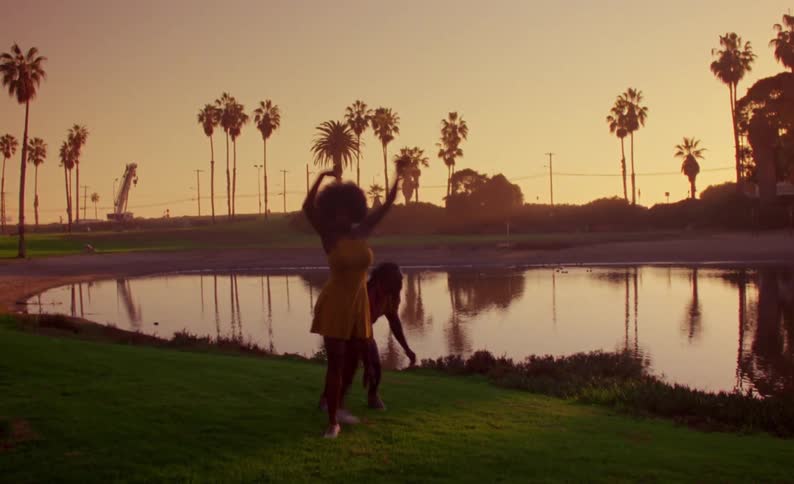 Man and woman dance on grass near pond reflecting red sky and palm trees