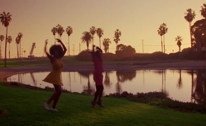 Couple dancing in front of a lake in a park next to palm trees at sunset caught on vintage film