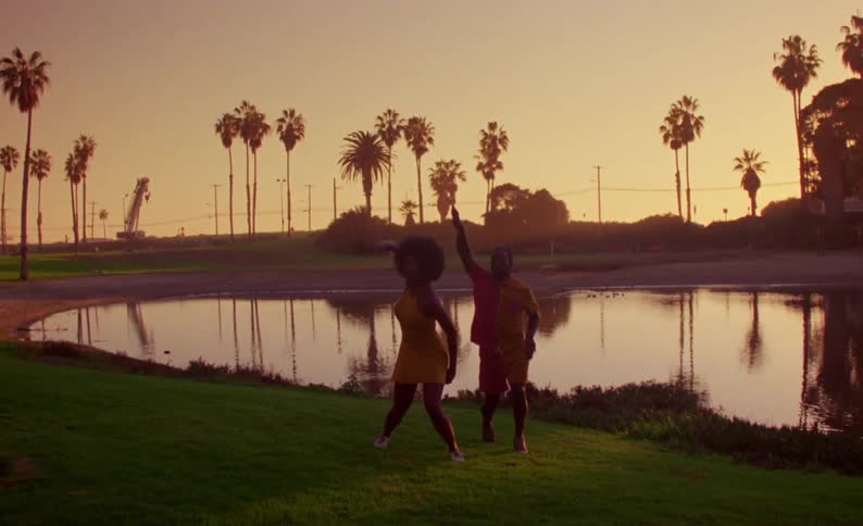 Couple dancing in front of a lake in a park next to palm trees at sunset caught on vintage film