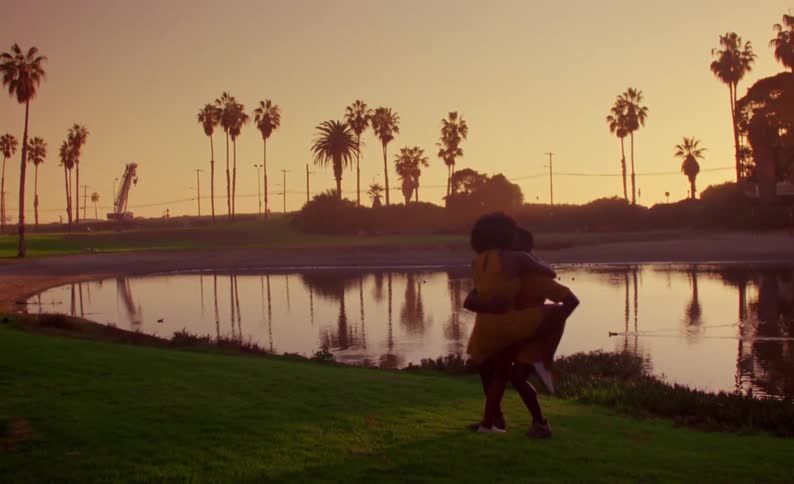 Couple dancing in front of a lake in a park next to palm trees at sunset caught on vintage film
