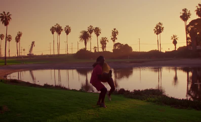 Couple dancing in front of a lake in a park next to palm trees at sunset caught on vintage film