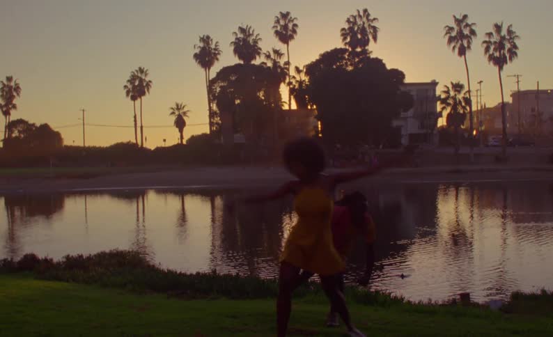 Couple dancing in front of a lake in a park next to palm trees at sunset caught on vintage film
