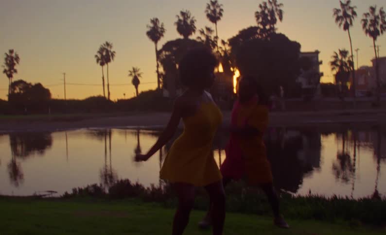 Couple dancing in front of a lake in a park next to palm trees at sunset caught on vintage film