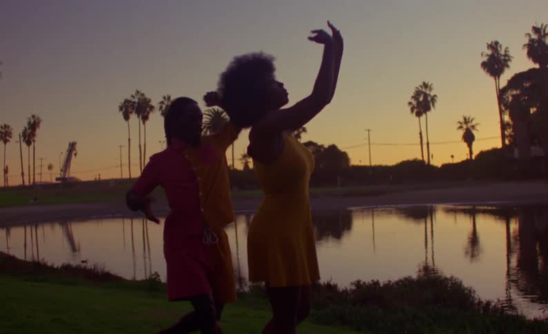 Man and woman dance on grass near water reflecting palm trees