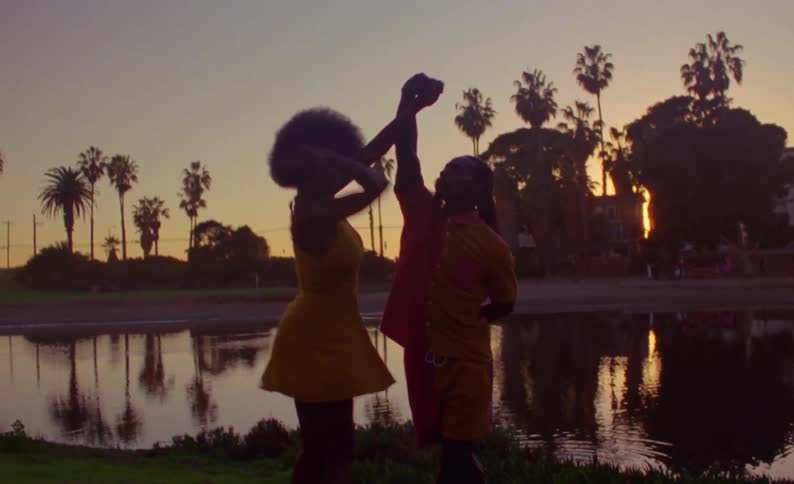 Couple dancing in front of a lake in a park next to palm trees at sunset caught on vintage film