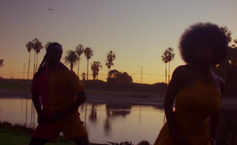 A man and woman dance on the shore in a tropical area as an airplane flies overhead