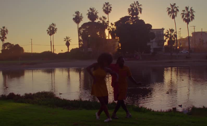 Couple dancing in front of a lake in a park next to palm trees at sunset caught on vintage film