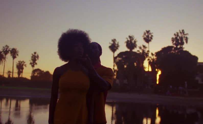 Female dancer with yellow dress and curly hair and male dancer with braids yellow shirt and shorts dance on lake bank at sunset
