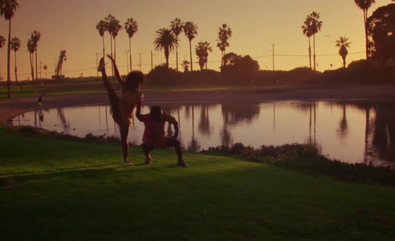 Couple dancing in front of a lake in a park next to palm trees at sunset caught on vintage film