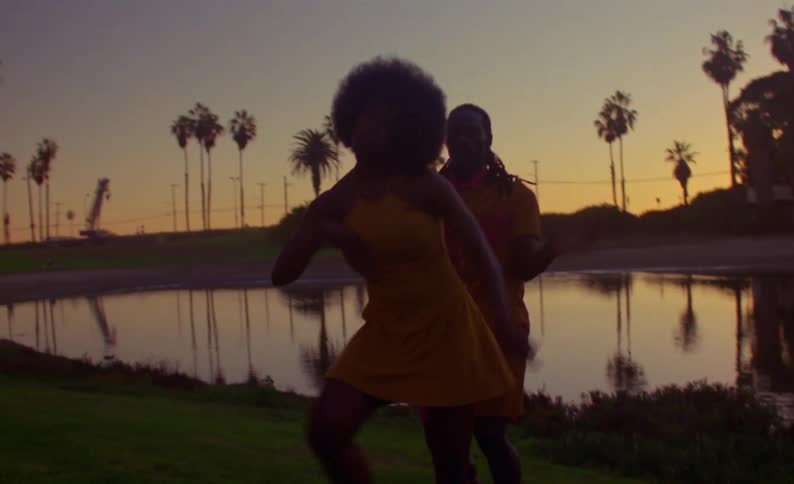 The silhouette of a black couple dancing on the grassy lawn near a pond at sunset