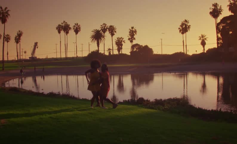 Couple dancing in front of a lake in a park next to palm trees at sunset caught on vintage film