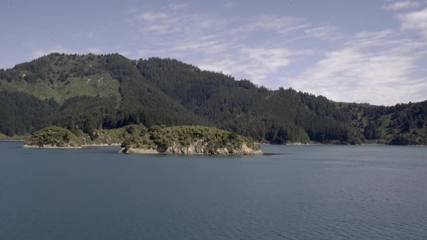 Moving along the water near a range covered with trees