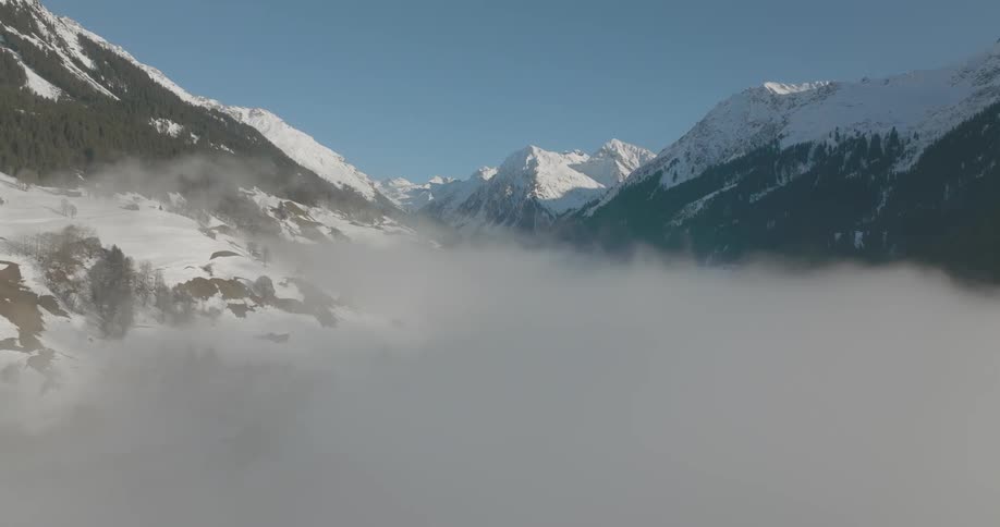 A thick layer of fog floats between mountain slopes under a blue sky