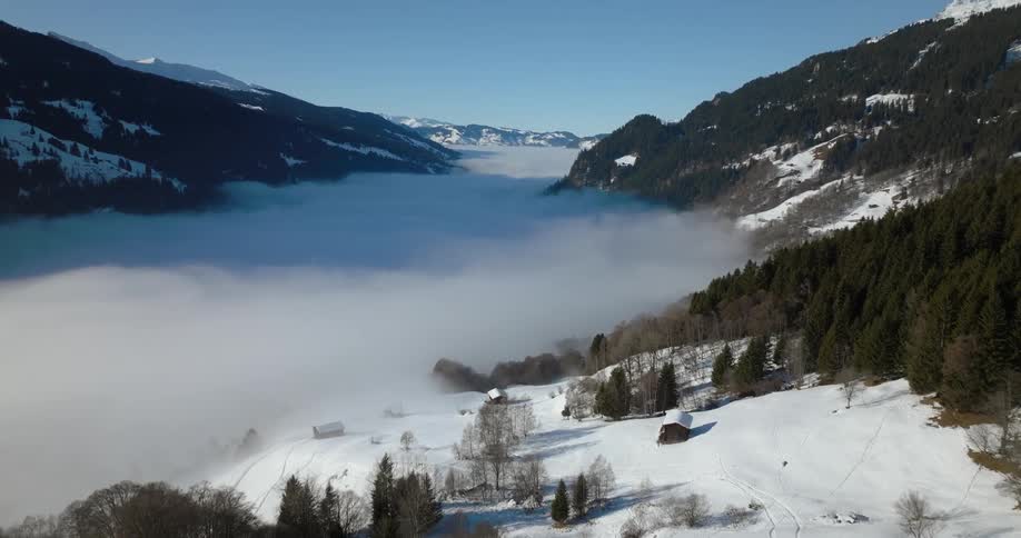 Thick fog rises in a mountain valley with houses and a forest along the mountainside and snow covered mountains in the distance