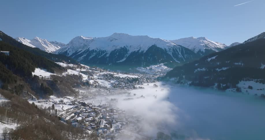 A small mountain town on a sunny winter day