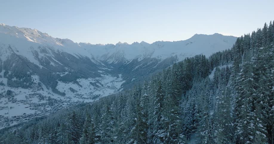 Snow covers valley mountains and conifer trees