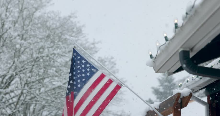 Snow falls as american flag sits on flagpole attached to building near leafless ice encrusted trees