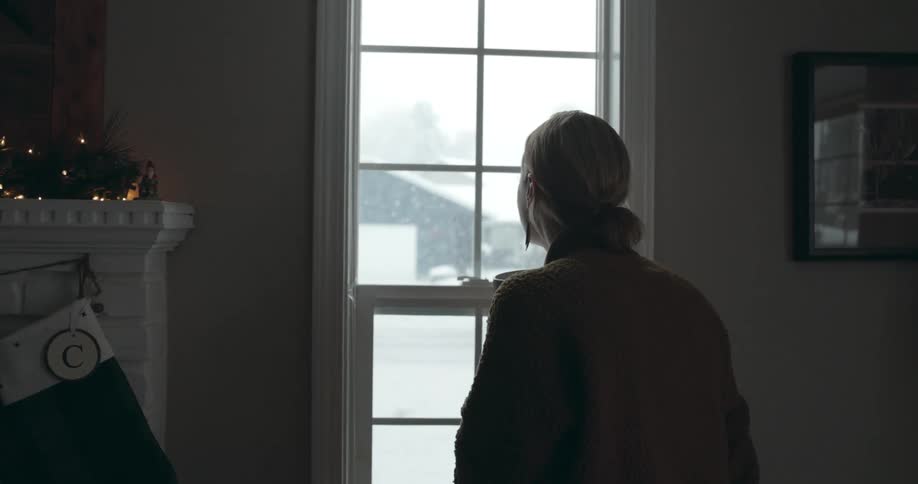 A woman watching it snow outside from a living room window during christmastime